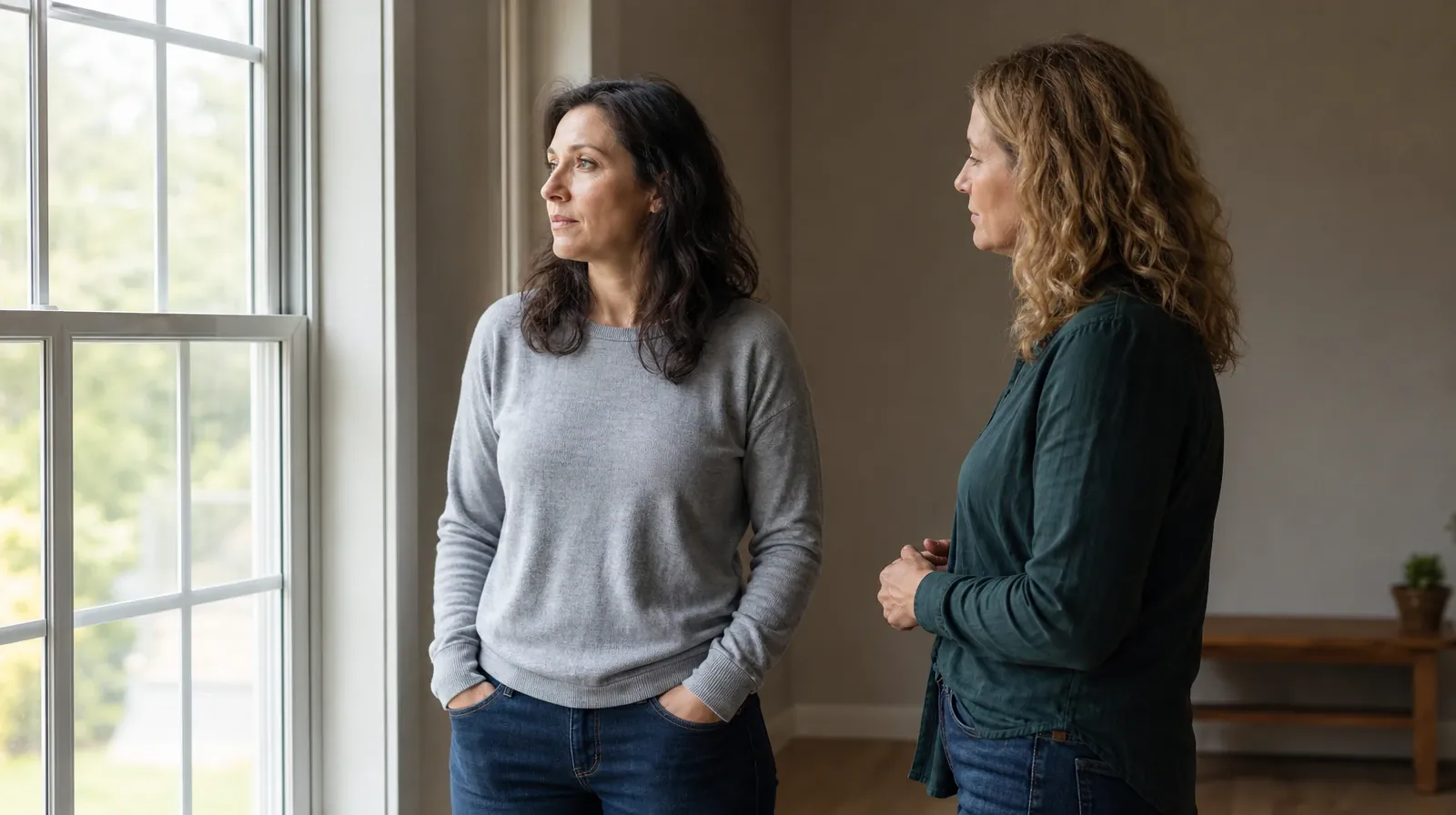Two adults stand beside a plain window as one looks outside and the other… · Cocaine Addiction Treatment in Miramar, FL