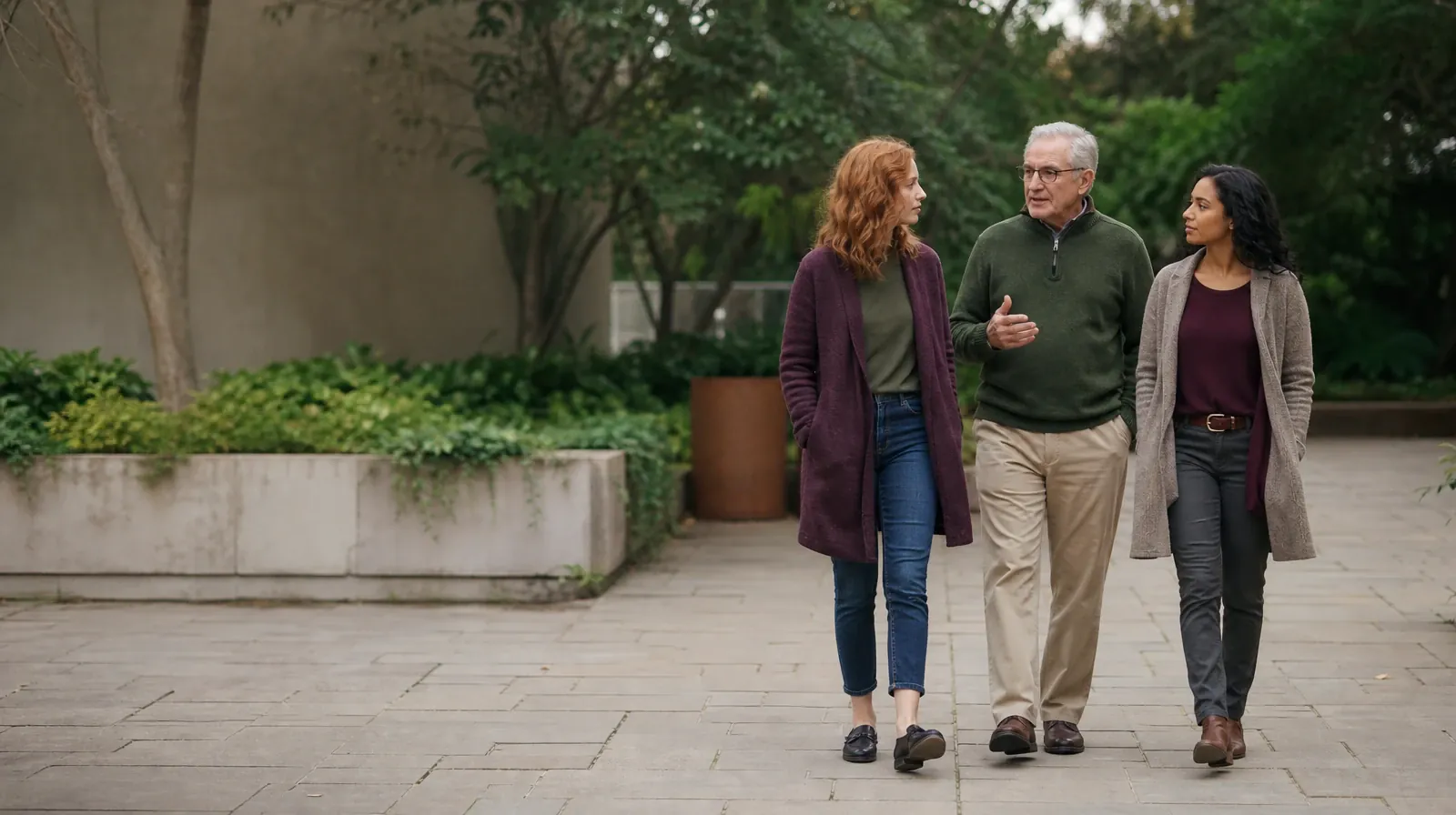 Three adults walk and talk through a courtyard · Residential Care Questions About Codeine Use in South Florida