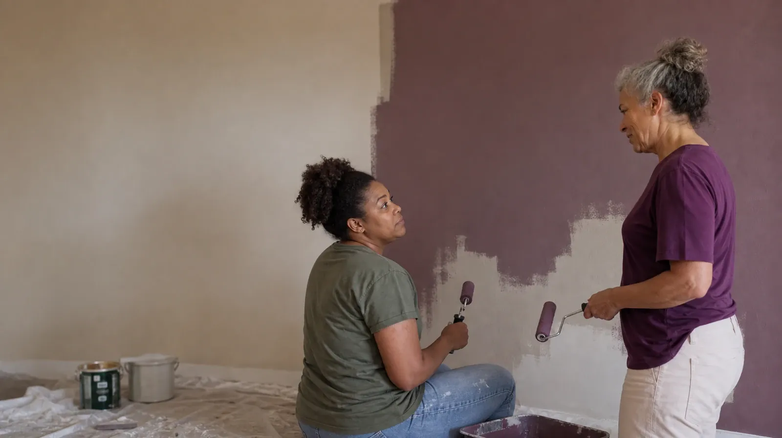 Two adults pause while painting a plain wall · Returning Home After Treatment for Codeine Use in South Florida