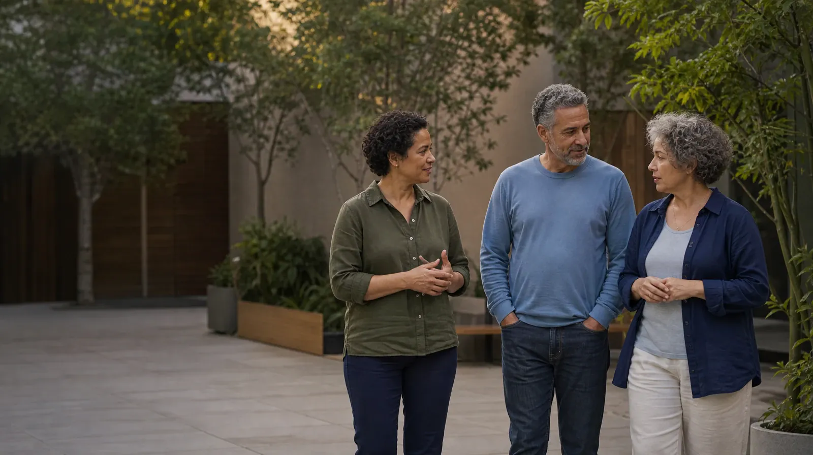 Three adults walk and talk through a courtyard · Supporting a Partner With Codeine Use in South Florida