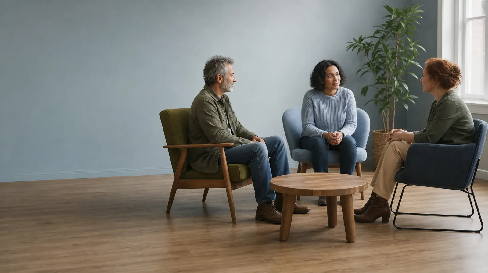 Work and Treatment Planning for Codeine Use in South Florida | Three adults talk in mismatched chairs around an empty table Three adults talk in mismatched chairs around an empty table · Work and Treatment Planning for Codeine Use in South Florida