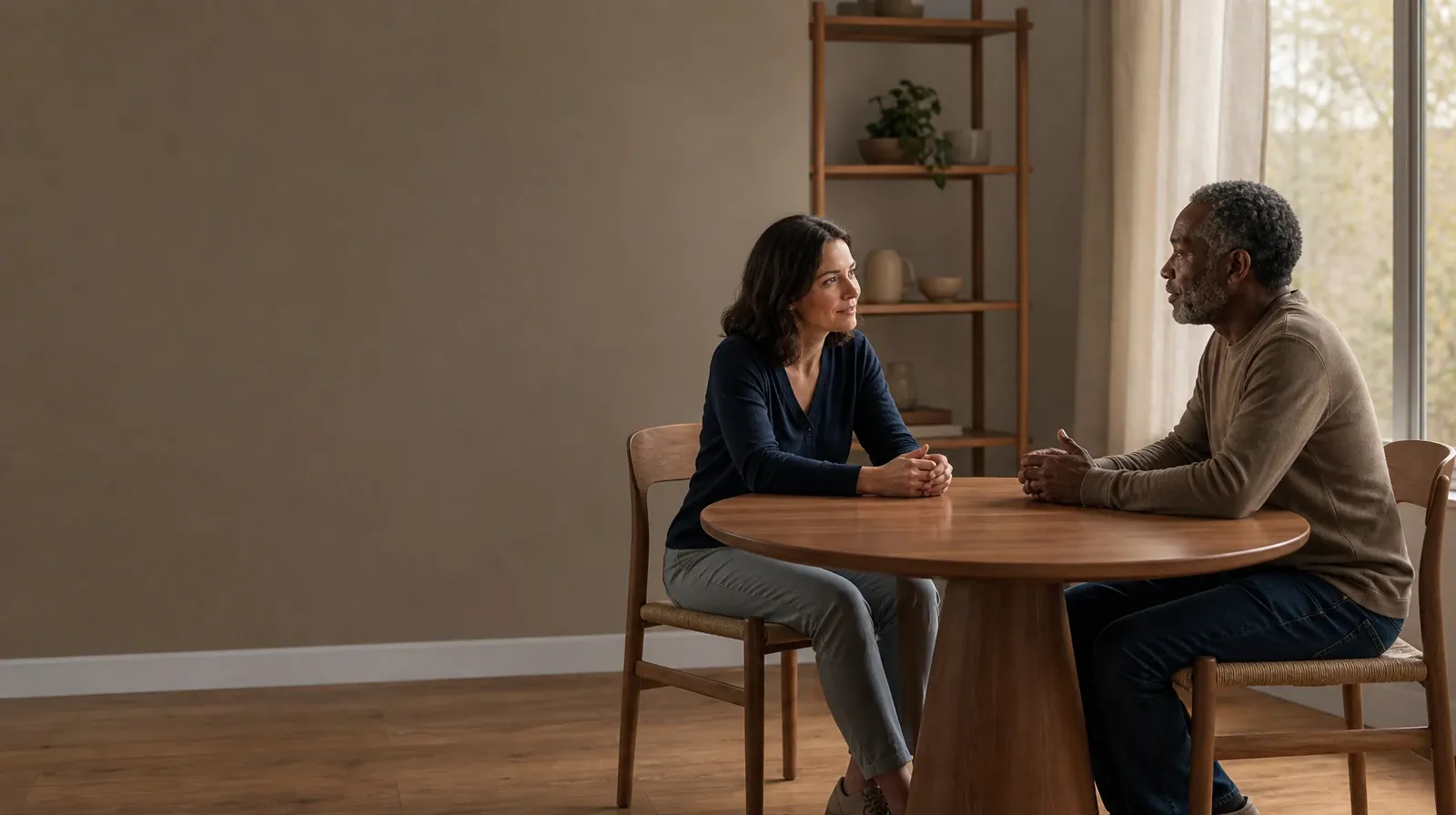 Crack Cocaine Cravings and Support in South Florida | Two adults have a calm conversation at a round table Two adults have a calm conversation at a round table · Crack Cocaine Cravings and Support in South Florida