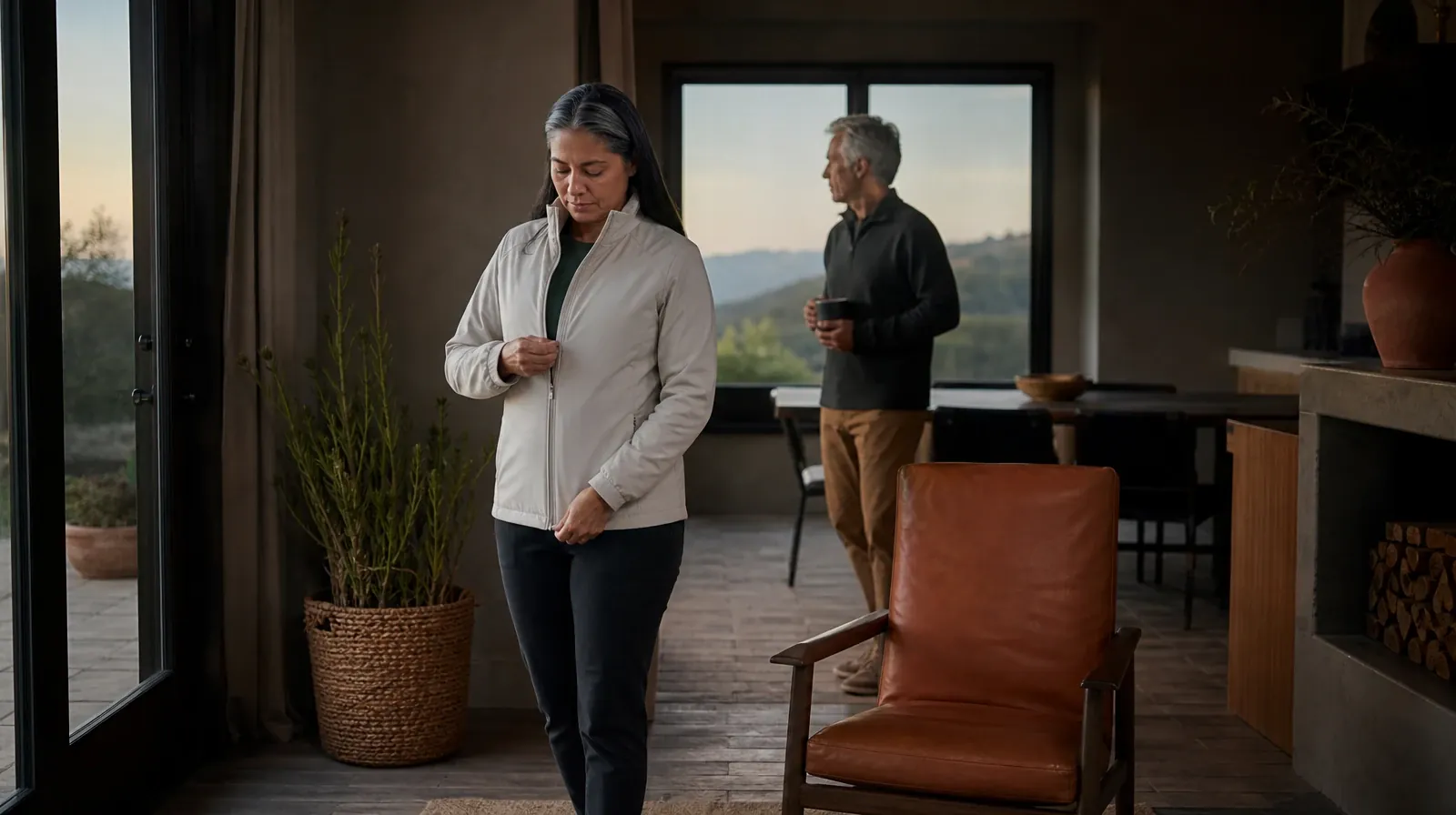 An adult zips a light jacket beside an empty chair · Supporting an Adult Family Member With crack cocaine Use