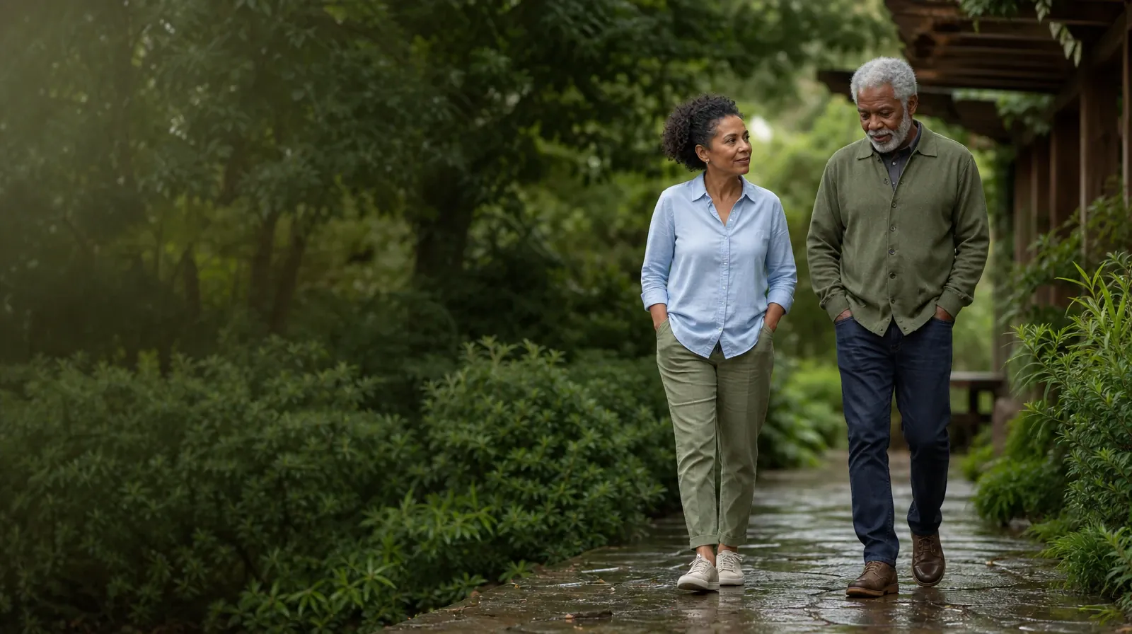 Two adults walk and talk on a quiet garden path · Pain and Treatment Questions About Crack cocaine Use