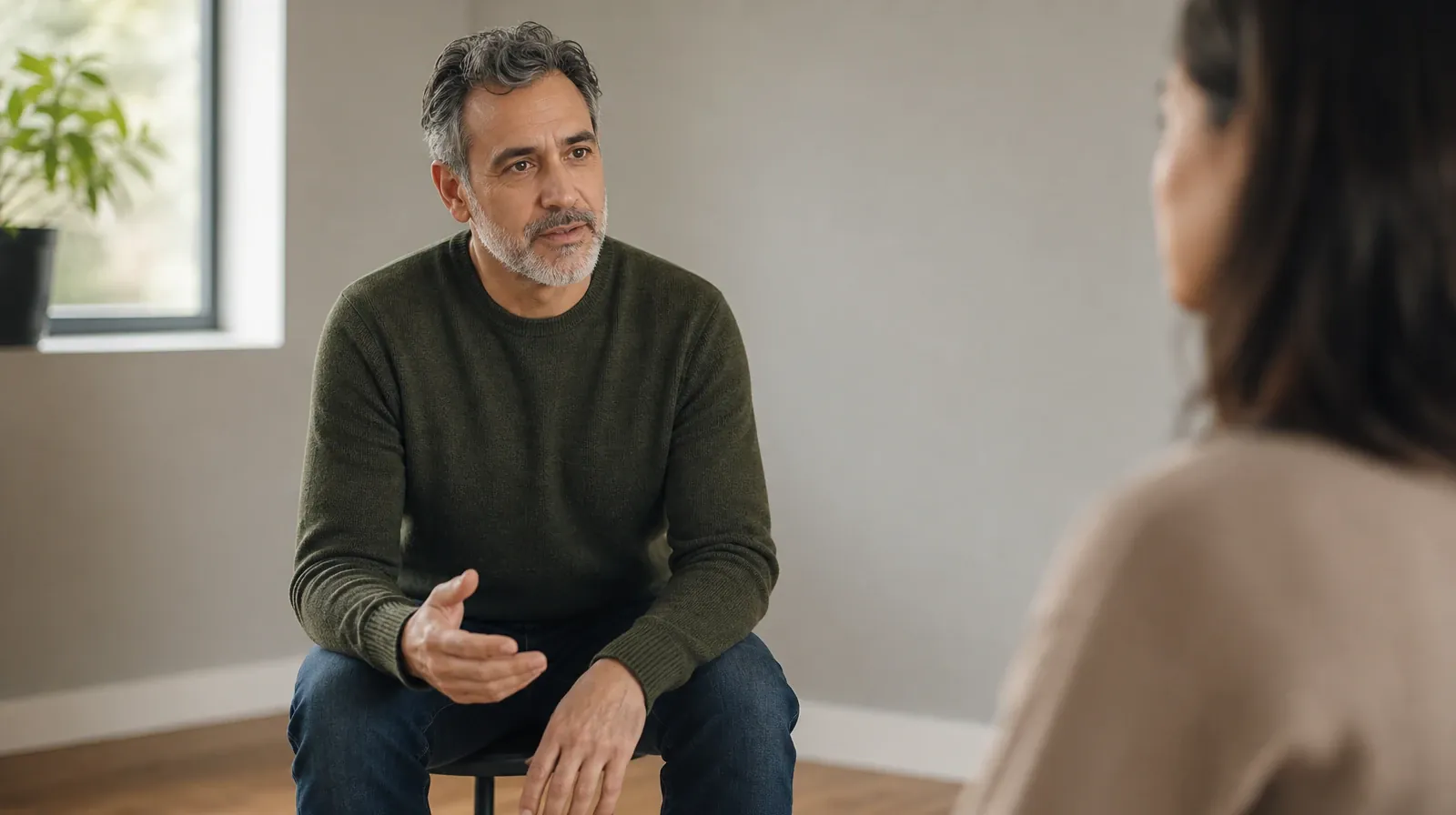 Crack cocaine Addiction Treatment in Miramar, FL | An adult seated on a plain stool speaks to a softly visible adult listener An adult seated on a plain stool speaks to a softly visible adult listener · Crack cocaine Addiction Treatment in Miramar, FL