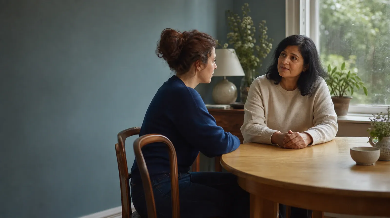 Two adults have a calm conversation at a round table · Building Support Around Recovery From Fentanyl Use