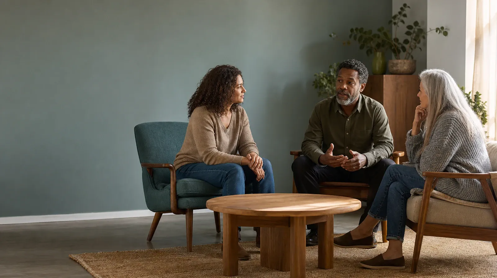 Three adults talk in mismatched chairs around an empty table · Making a Follow-Up Plan After Fentanyl Use in South Florida