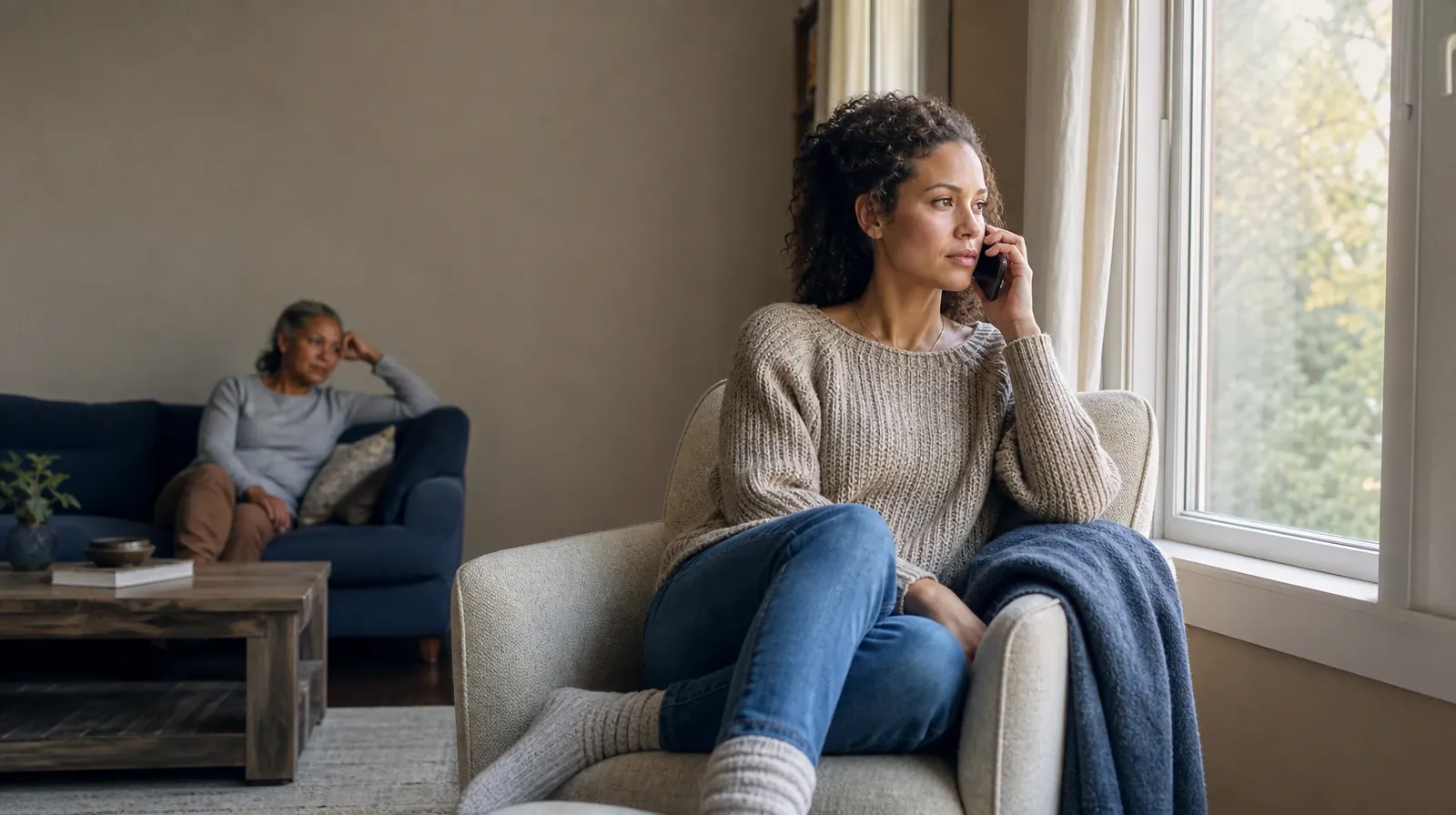 An adult makes a private phone call with support nearby · Medication Continuity for Fentanyl Treatment