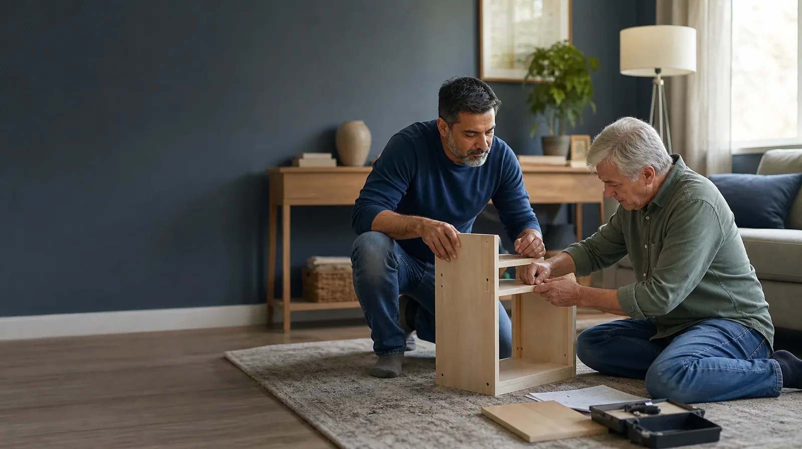 Overdose Response Preparation and Fentanyl Use in South Florida | Two adults assemble a small shelf together Two adults assemble a small shelf together · Overdose Response Preparation and Fentanyl Use in South Florida