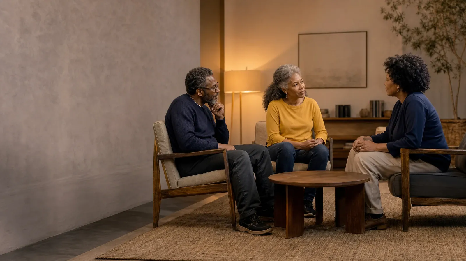 Three adults talk in mismatched chairs around an empty table · Recognizing Concerns About Fentanyl Use in South Florida