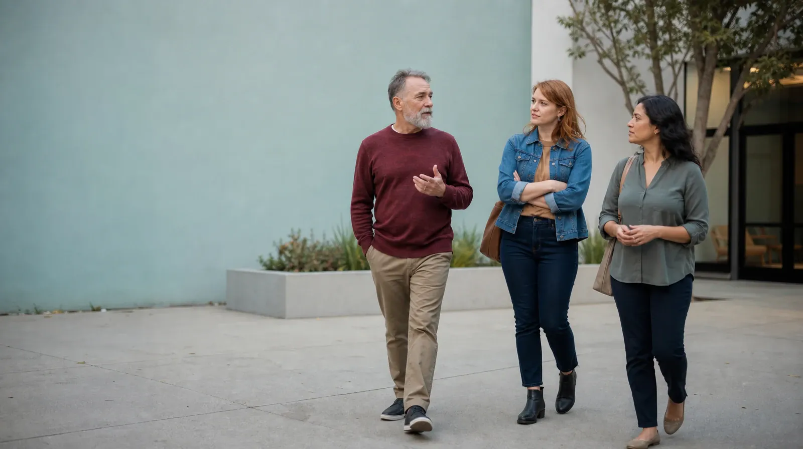 Three adults walk and talk through a courtyard · Treatment Cost Questions About Fentanyl Use in South Florida