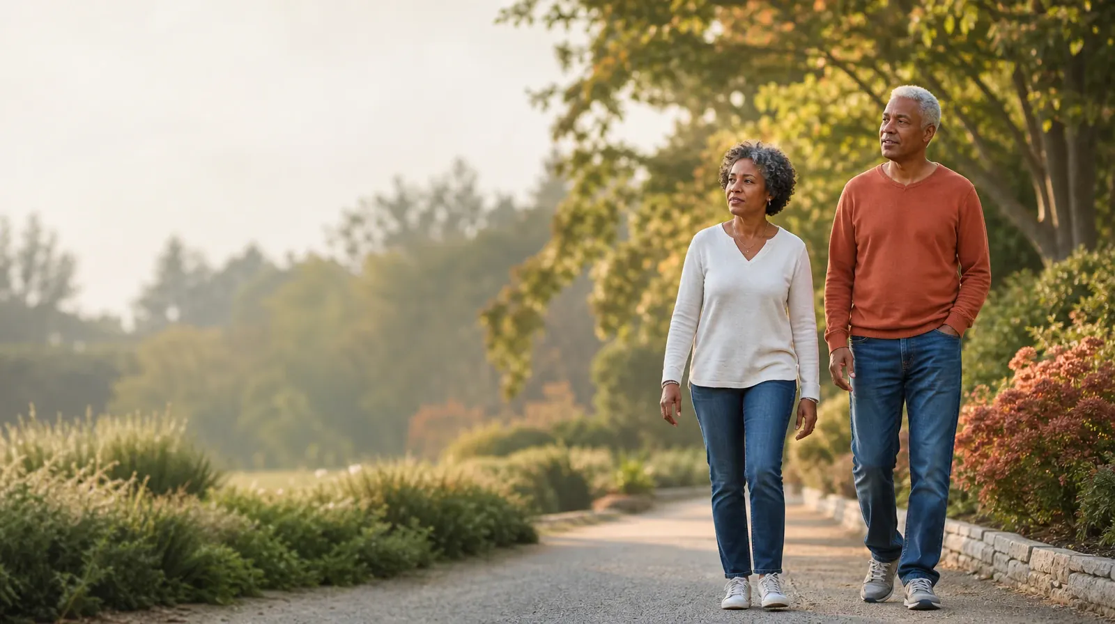 Two adults walk and talk on a quiet garden path · What to Tell a Clinician About Fentanyl Use in South Florida