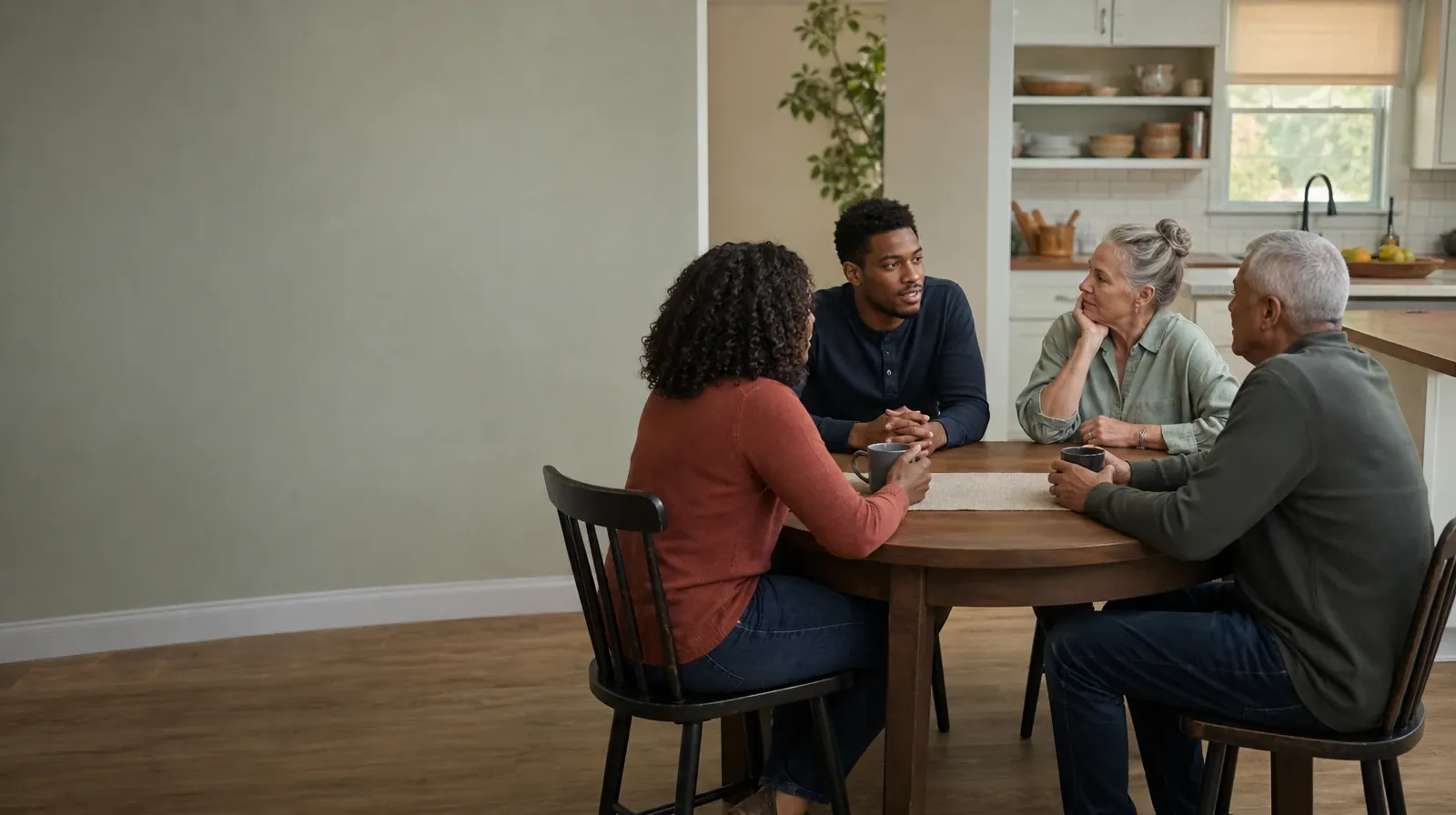 Four adults share an informal conversation at a kitchen table · Withdrawal Assessment for Fentanyl Use in South Florida