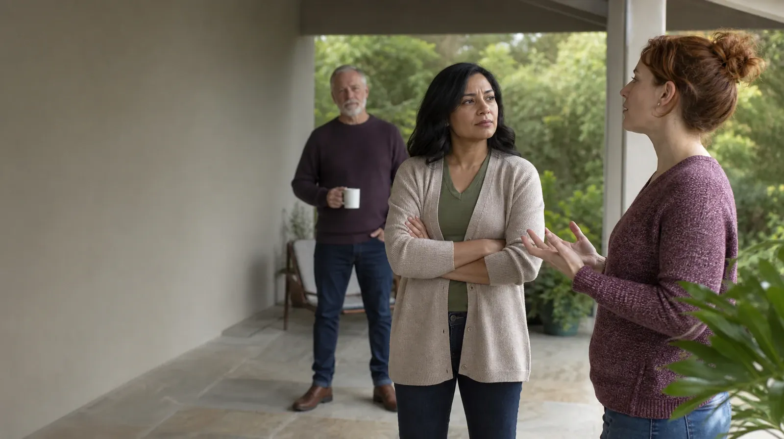Three adults talk on a covered patio · Making a Follow-Up Plan After Gabapentin Use in South Florida