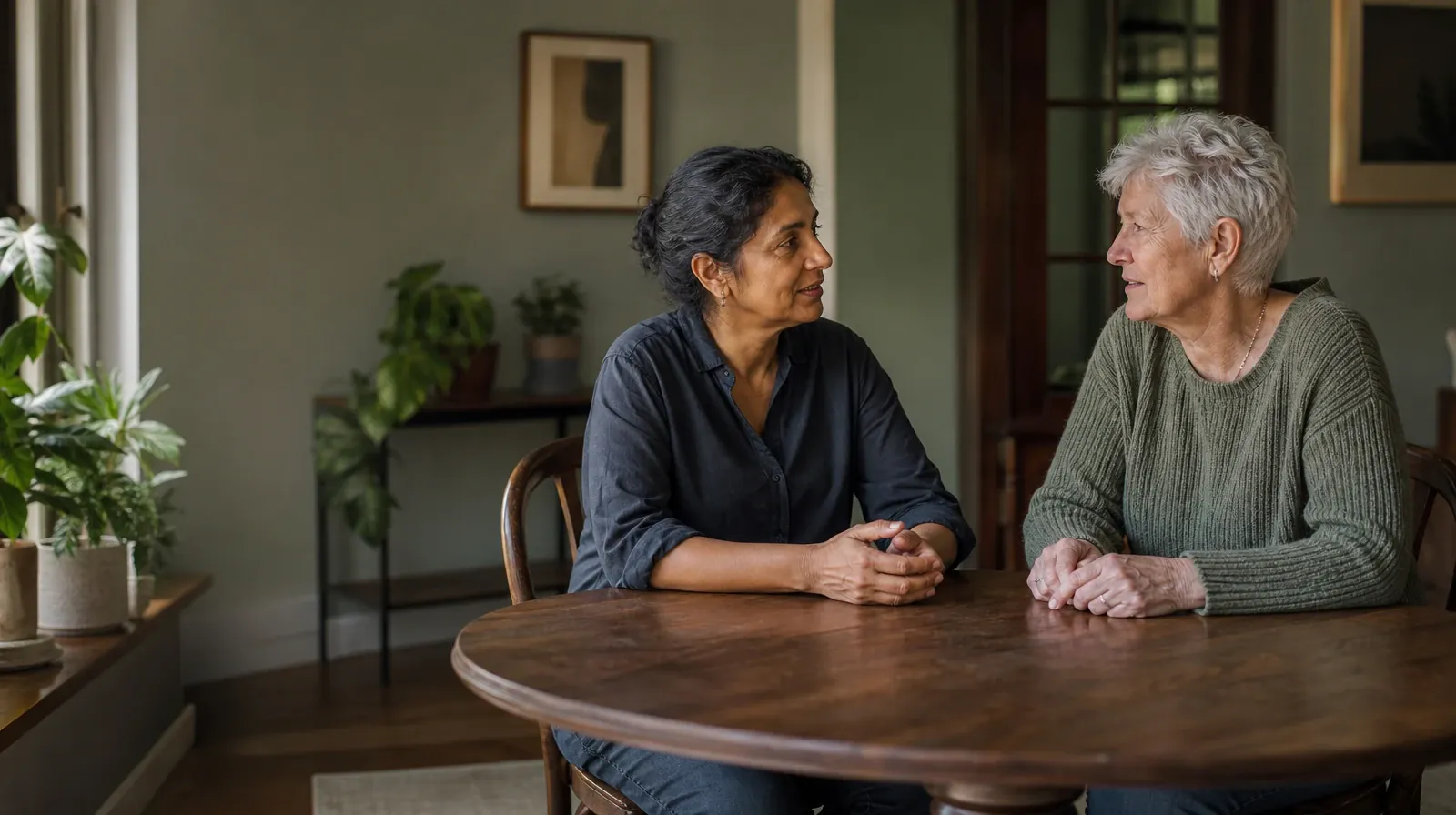 Supporting a Partner With Gabapentin Use in South Florida | Two adults have a calm conversation at a round table Two adults have a calm conversation at a round table · Supporting a Partner With Gabapentin Use in South Florida