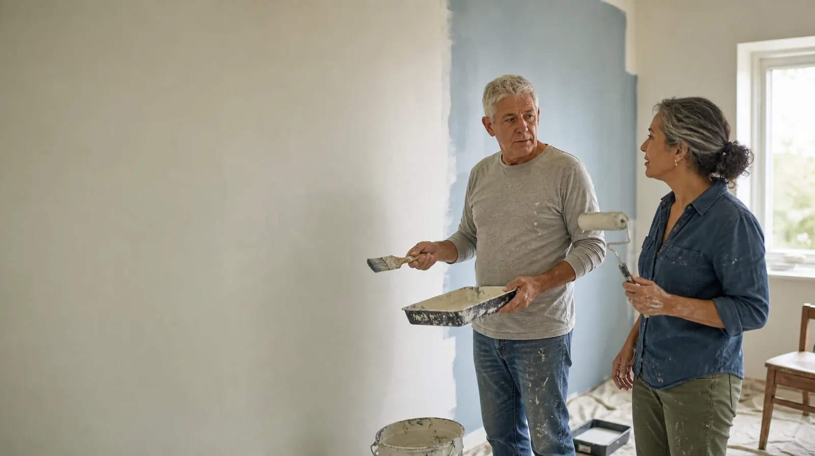Two adults pause while painting a plain wall · Talking With Your Prescriber About Gabapentin Use