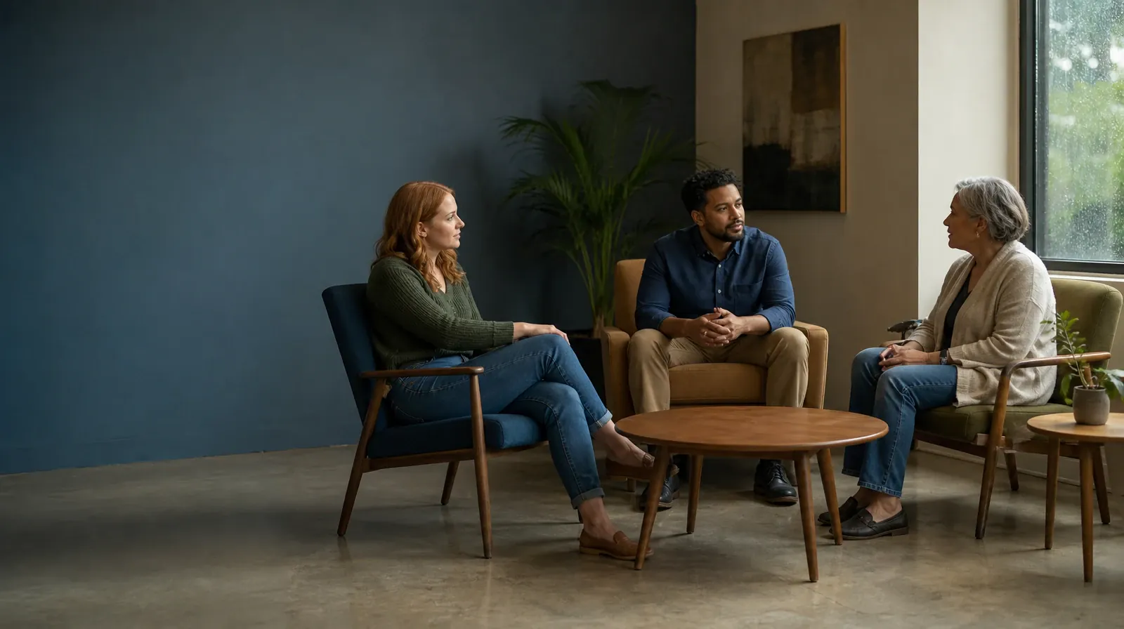 Three adults talk in mismatched chairs around an empty table · Understanding a Gabapentin Treatment Plan