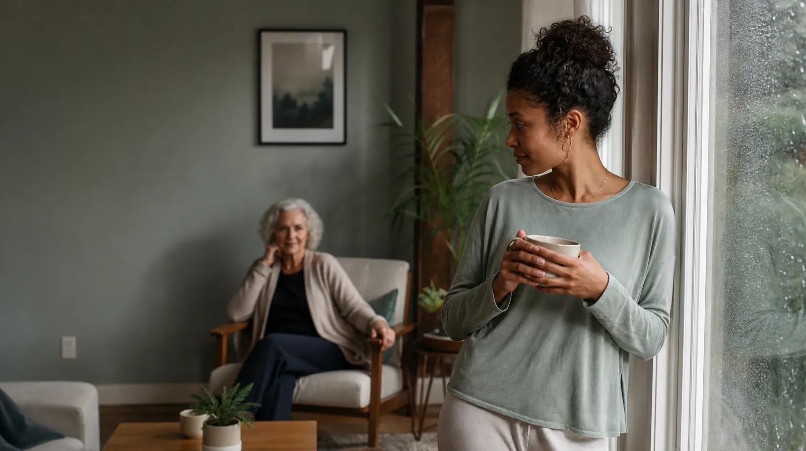 An adult turns from a window toward another adult · What to Tell a Clinician About Gabapentin Use in South Florida