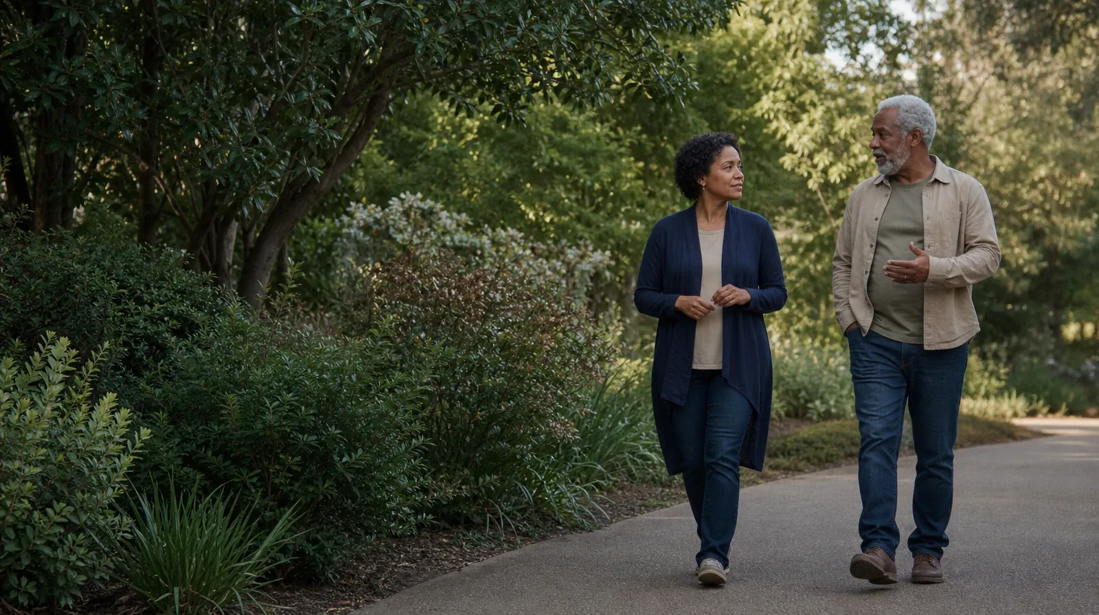 Two adults walk and talk on a quiet garden path · Work and Treatment Planning for Gabapentin Use in South Florida