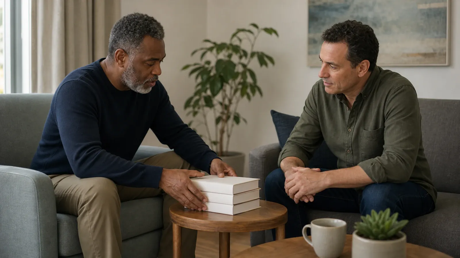 An adult stacks three plain books on a table · Counseling and Coping With GHB Use in South Florida