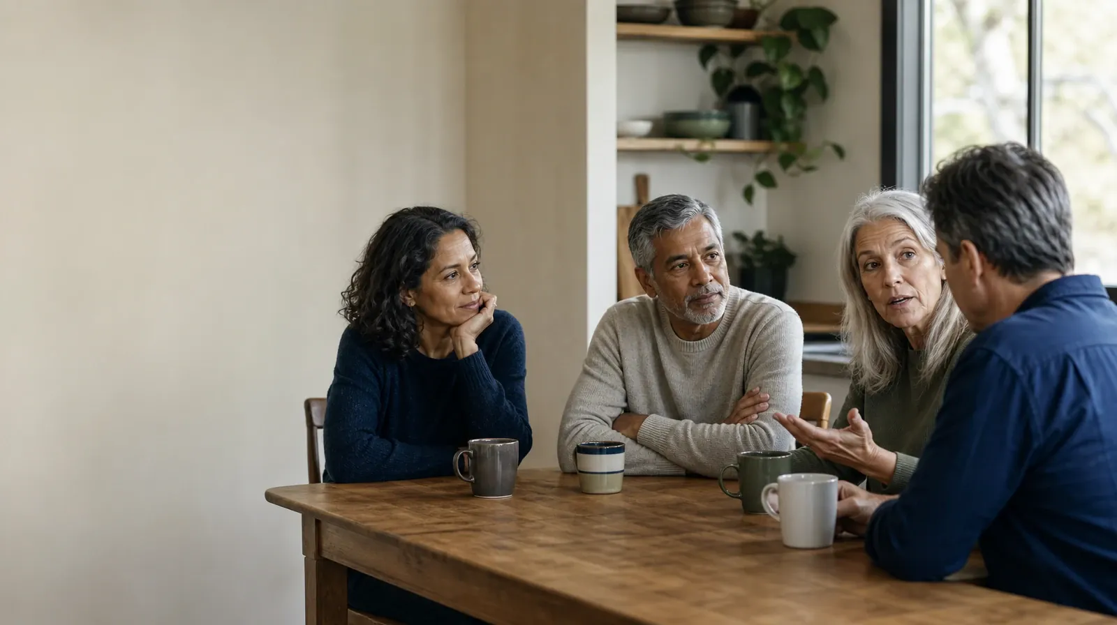 Residential Care Questions About GHB Use in South Florida | Four adults share an informal conversation at a kitchen table Four adults share an informal conversation at a kitchen table · Residential Care Questions About GHB Use in South Florida