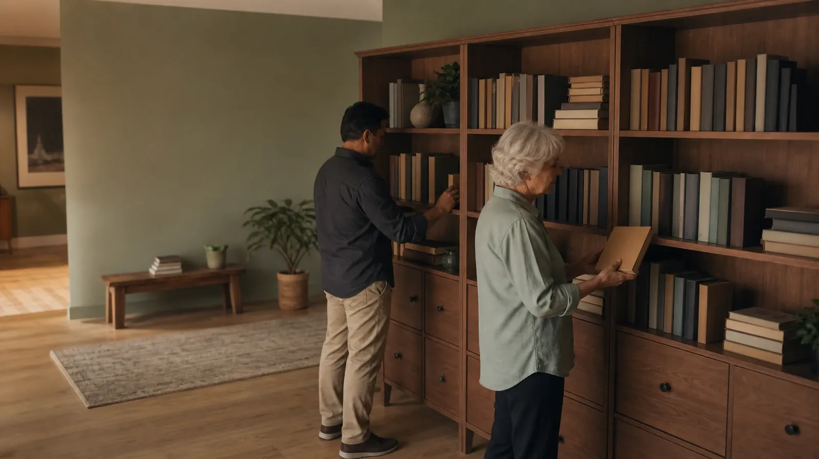 Two adults sort plain books on a home bookcase · Recognizing Concerns About GHB Use in South Florida