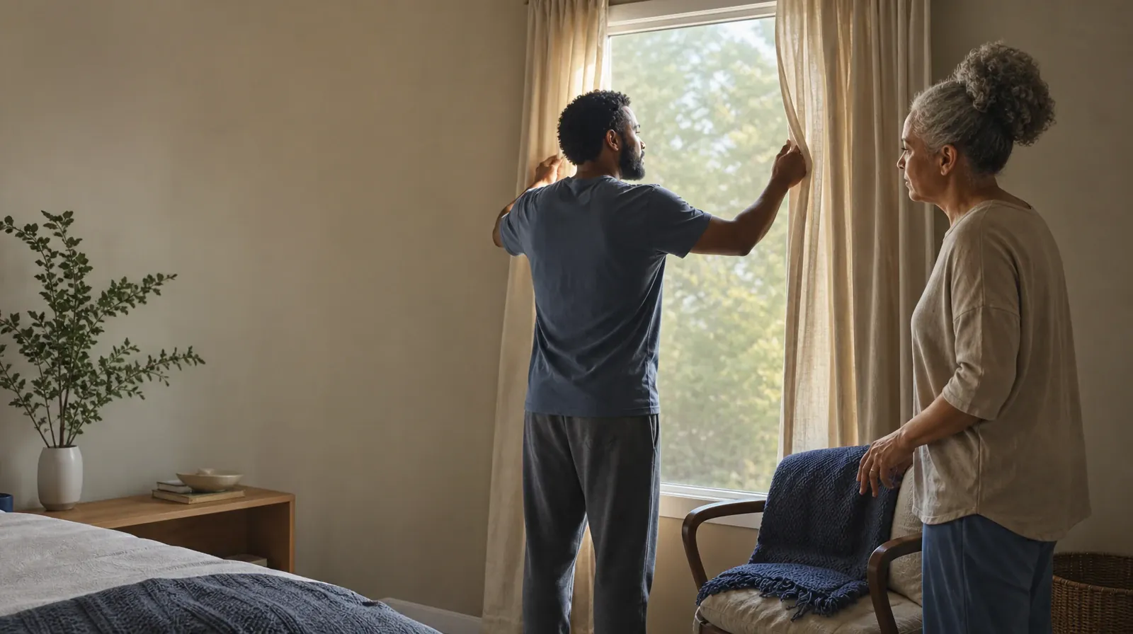 An adult opens curtains while another waits nearby · Talking With Family About GHB Use in South Florida