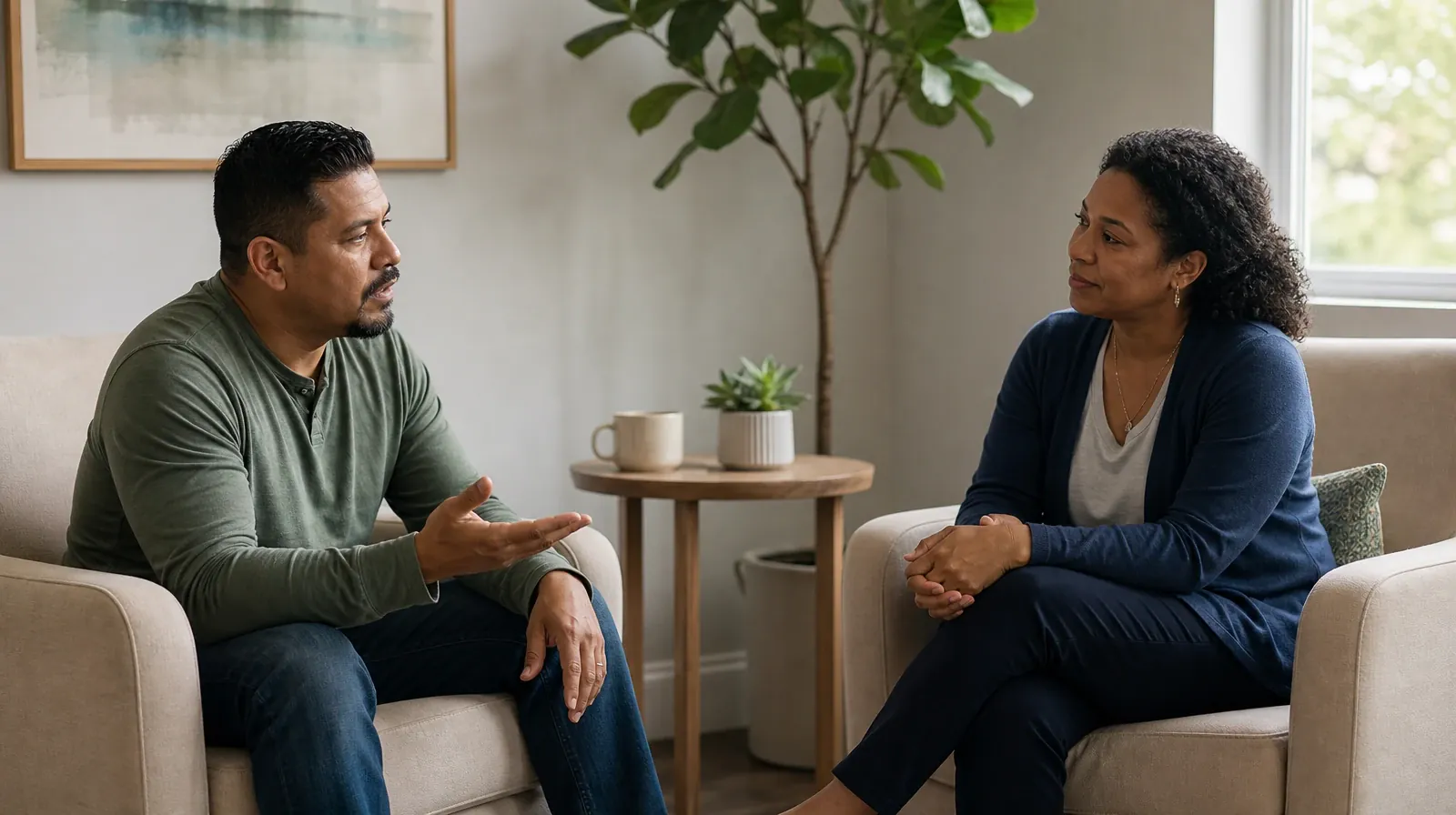 Adults listening to one another in an ordinary setting · Supporting Family With Hallucinogens Use