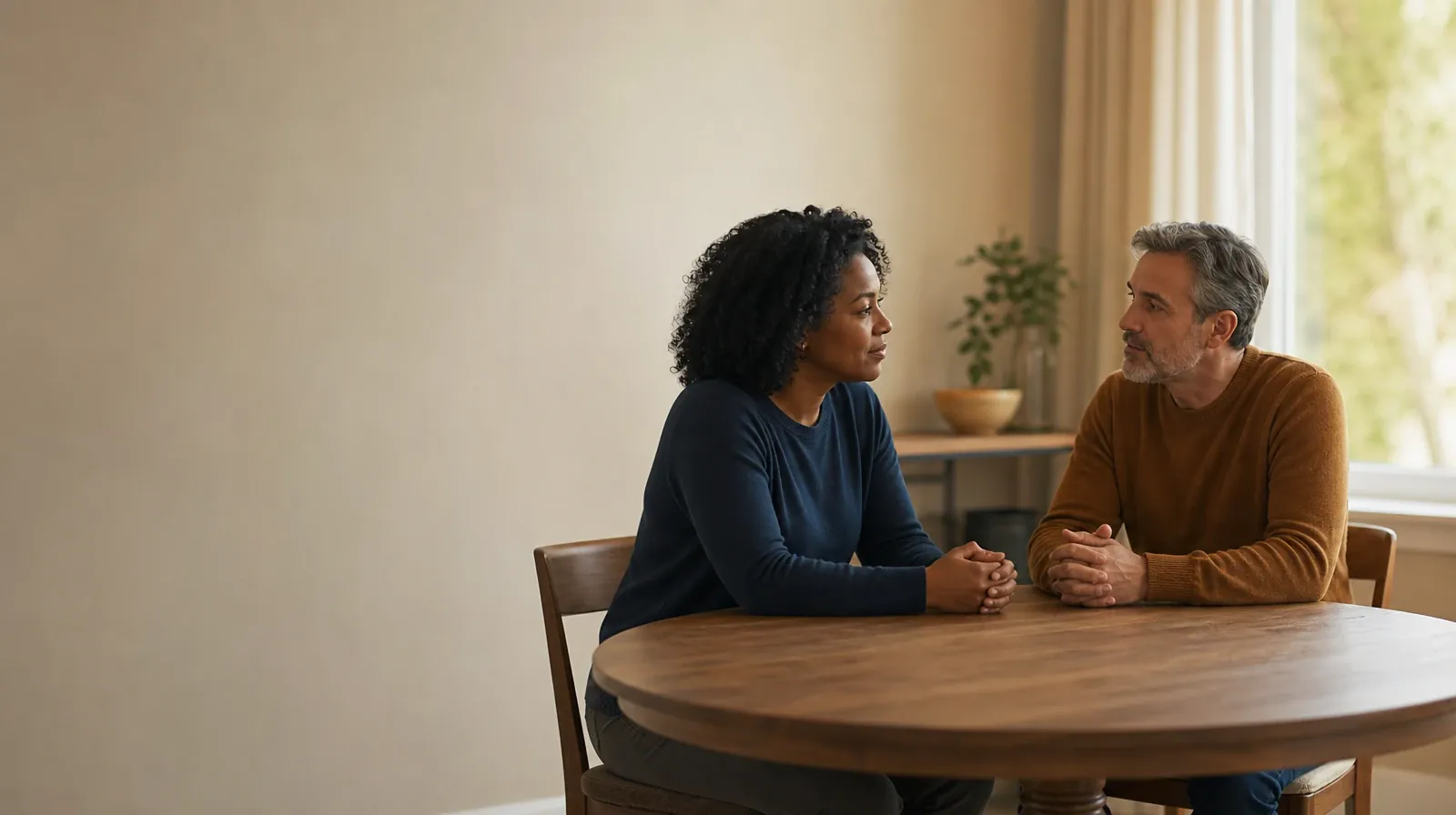 Two adults have a calm conversation at a round table · Withdrawal Assessment for Heroin Use in South Florida