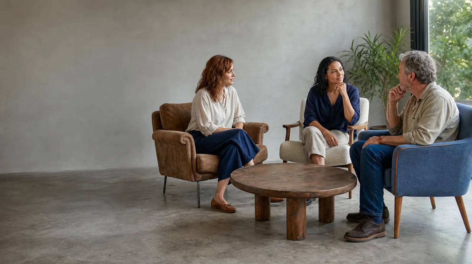 Work and Treatment Planning for Heroin Use in South Florida | Three adults talk in mismatched chairs around an empty table Three adults talk in mismatched chairs around an empty table · Work and Treatment Planning for Heroin Use in South Florida