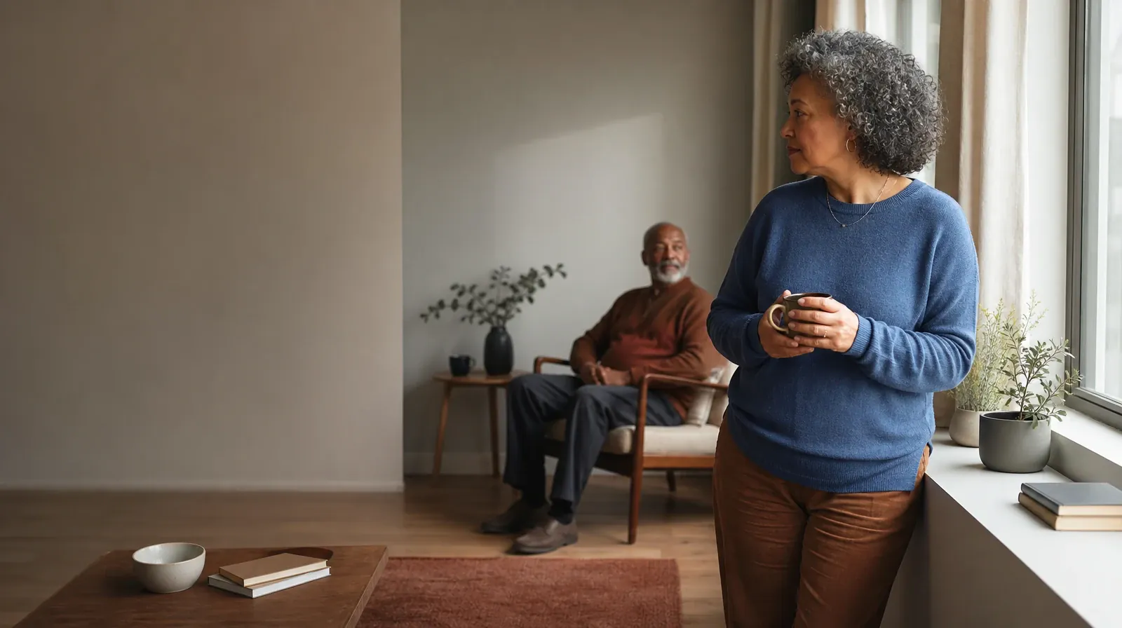 An adult turns from a window toward another adult · Counseling and Coping With Hydrocodone Use in South Florida