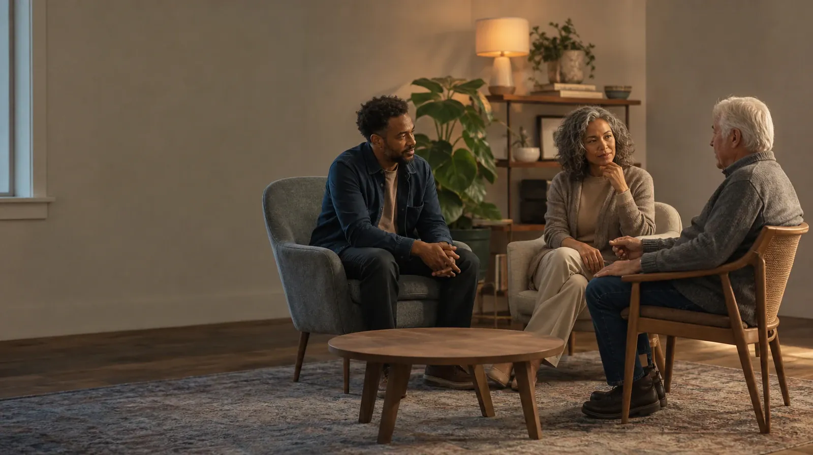 Preparing for Appointments About Hydrocodone Use in South Florida | Three adults talk in mismatched chairs around an empty… Three adults talk in mismatched chairs around an empty… · Preparing for Appointments About Hydrocodone Use in South Florida