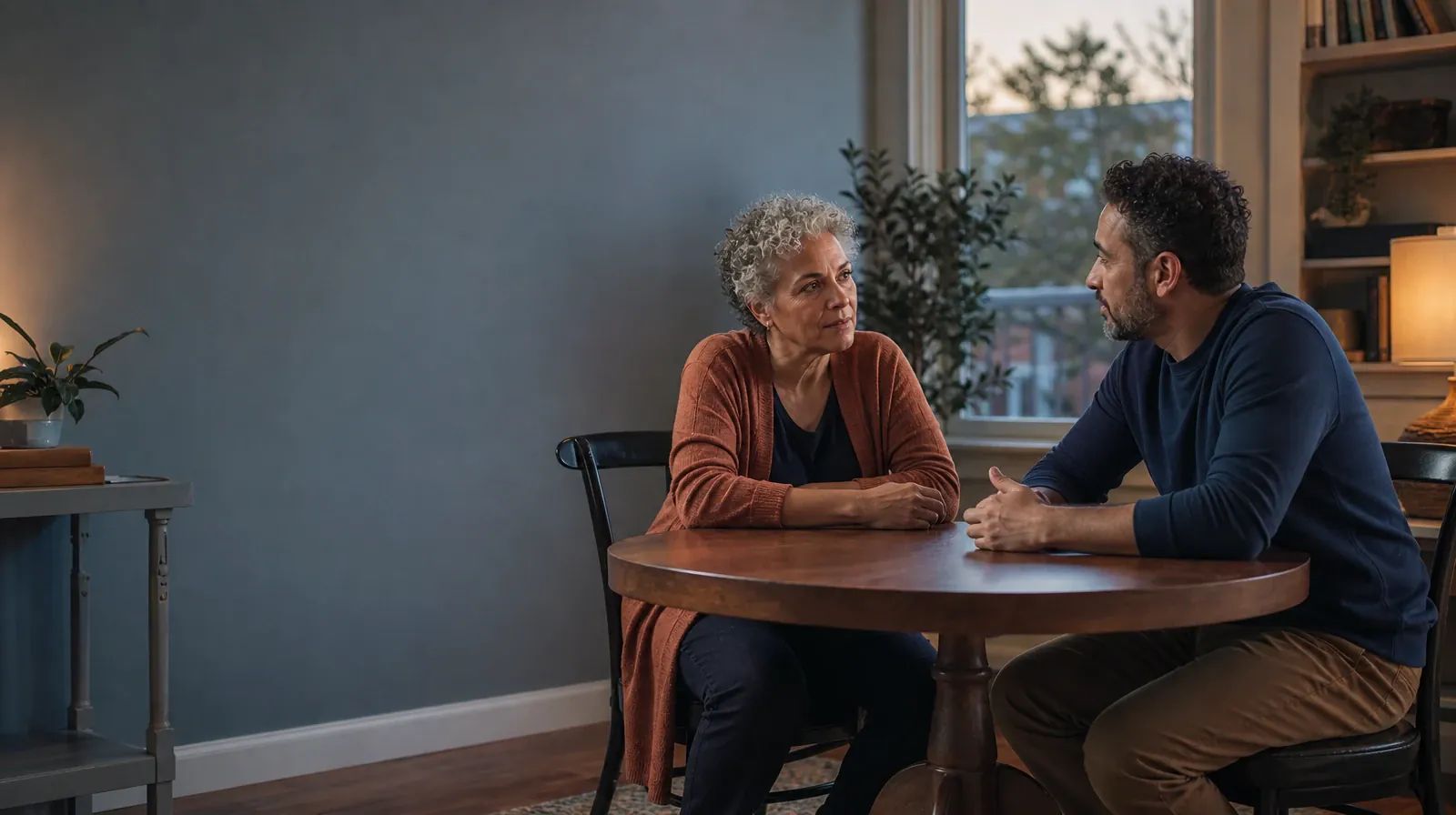 Two adults have a calm conversation at a round table · Previous Treatment Experience With Hydrocodone Use