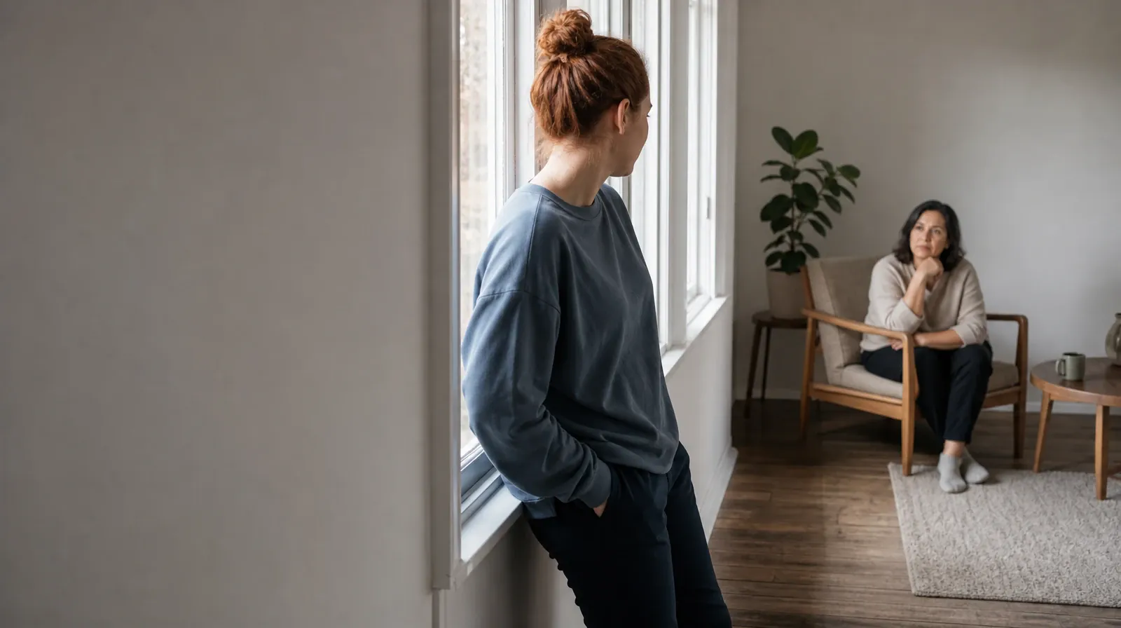 An adult turns from a window toward another adult · Questions After Returning to Hydrocodone Use in South Florida