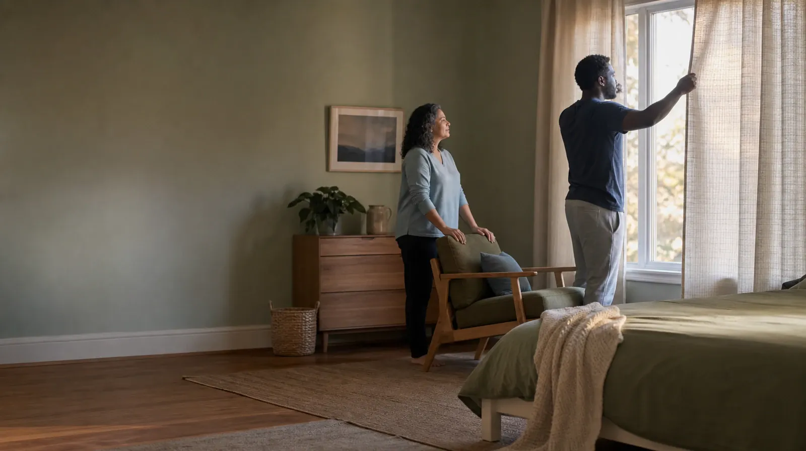 Returning Home After Hydrocodone Treatment | An adult opens curtains while another waits nearby An adult opens curtains while another waits nearby · Returning Home After Hydrocodone Treatment