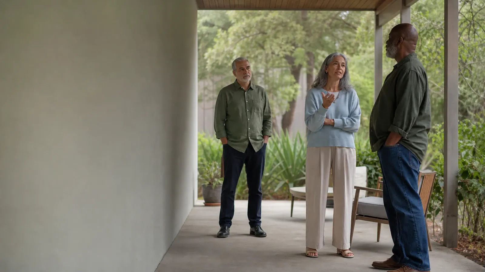 Three adults talk on a covered patio · Talking With Family About Hydrocodone Use in South Florida