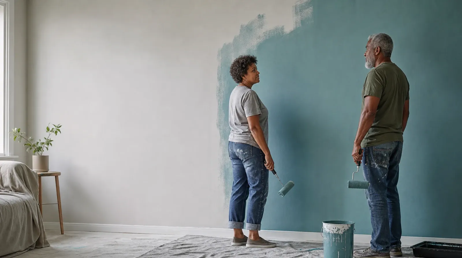 Two adults pause while painting a plain wall · Talking With Your Prescriber About Hydrocodone Use