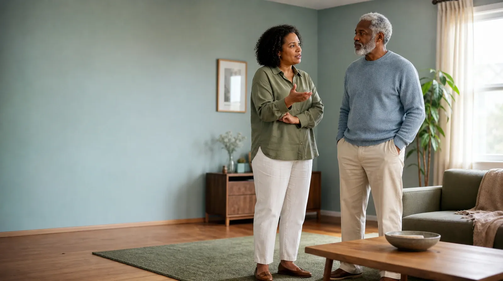Two adults share a careful conversation at home · Hydrocodone Pain and Treatment Questions