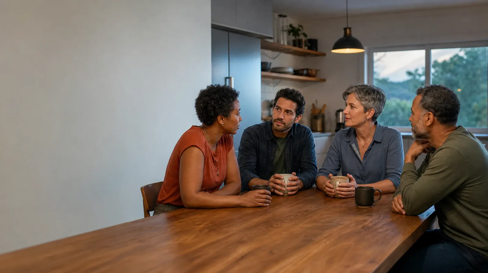 Four adults share an informal conversation at a kitchen table · Hydrocodone Use Treatment Plan