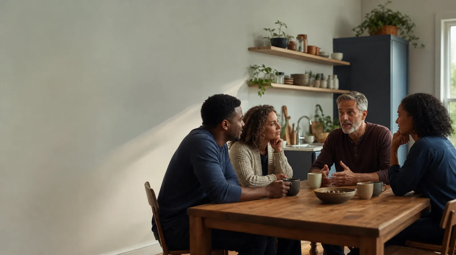 Four adults share an informal conversation at a kitchen… · What to Tell a Clinician About Hydrocodone Use in South Florida