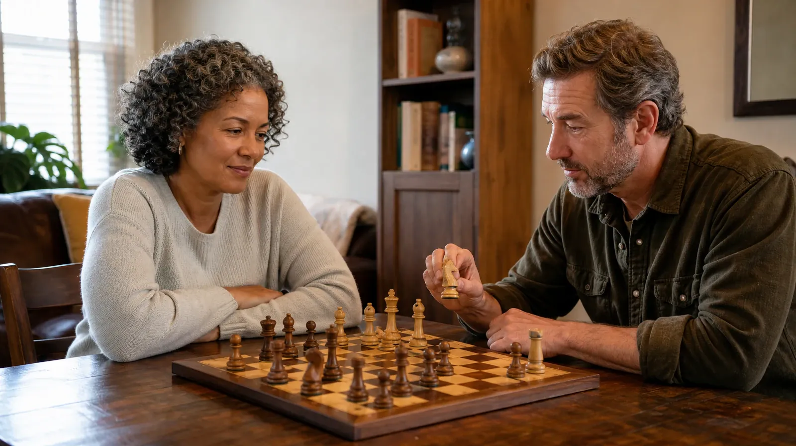 Two adults consider a casual chess game at a small table in a home · Hydrocodone Addiction Treatment in Miramar, FL
