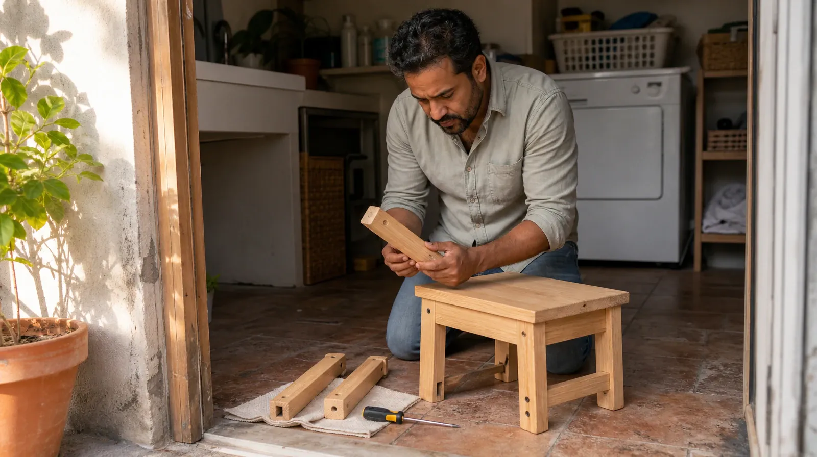 Hydromorphone Work and Treatment Planning | Adult kneels beside a wooden footstool and examines a loose leg near an open… Adult kneels beside a wooden footstool and examines a loose leg near an open… · Hydromorphone Work and Treatment Planning