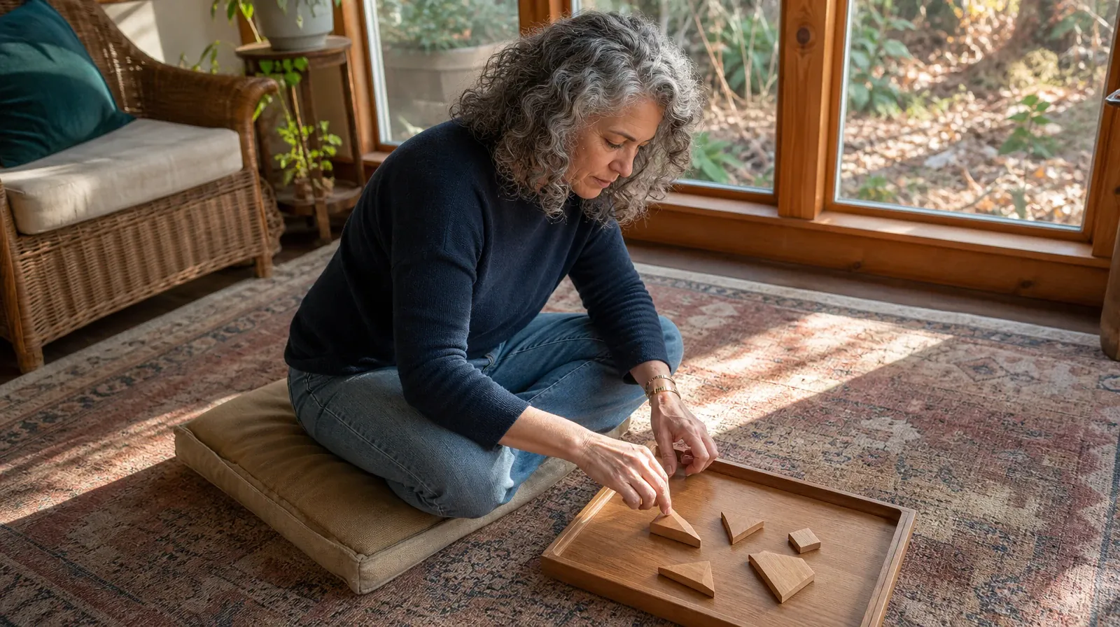 Adult on a floor cushion repositions a wooden puzzle piece on a plain tray · Using Inhalants With Other Substances