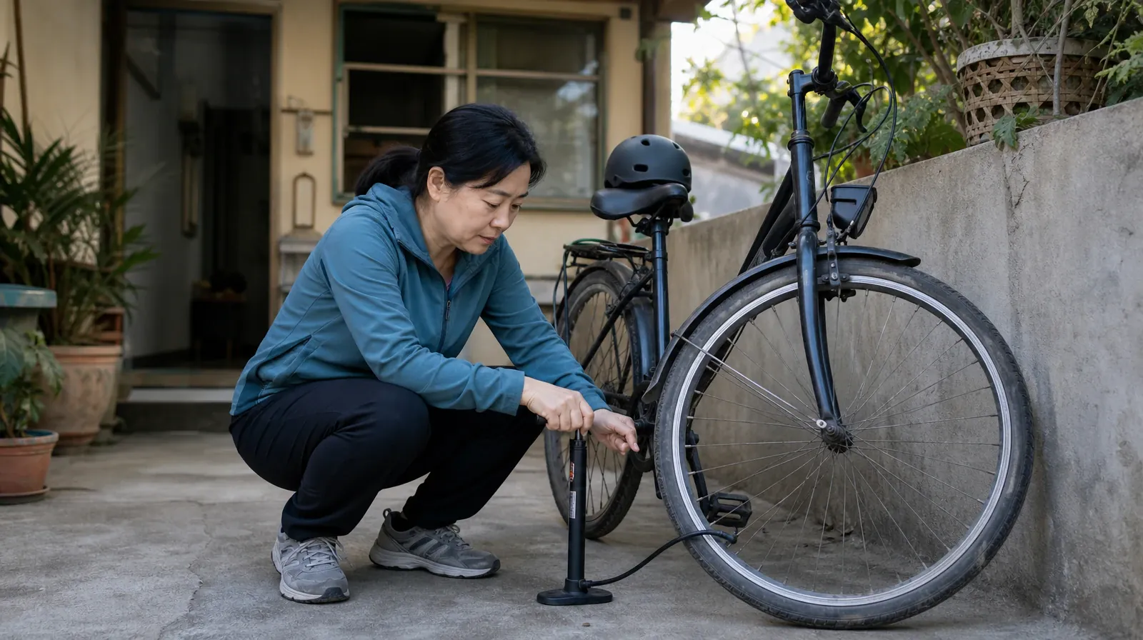 Adult crouches beside a bicycle and checks its front tire with a… · Cravings and Support With Klonopin Use in South Florida