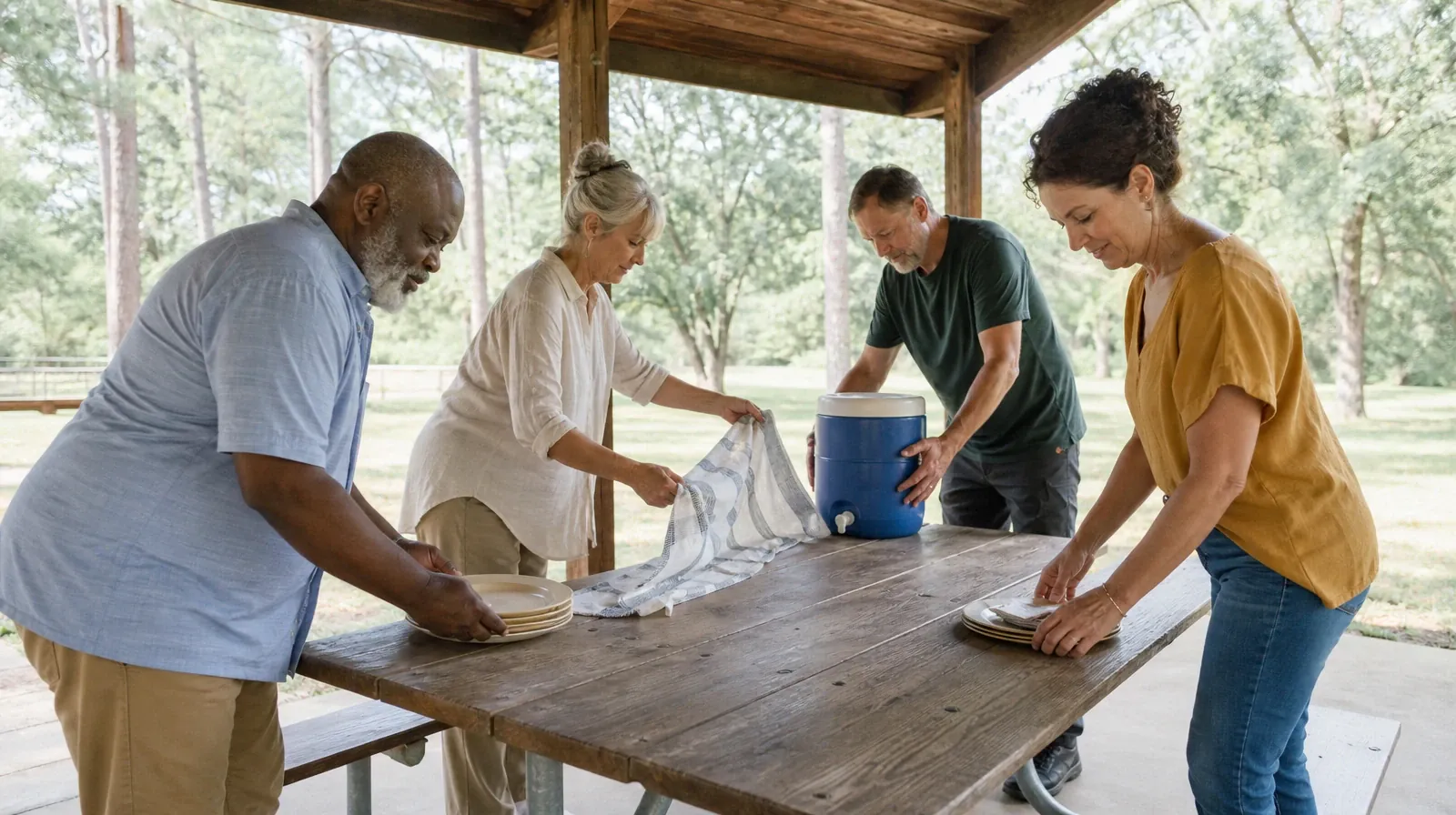 Residential Care Questions About Klonopin Use in South Florida | Four adults arrange plates, a cloth, and a water jug on a… Four adults arrange plates, a cloth, and a water jug on a… · Residential Care Questions About Klonopin Use in South Florida