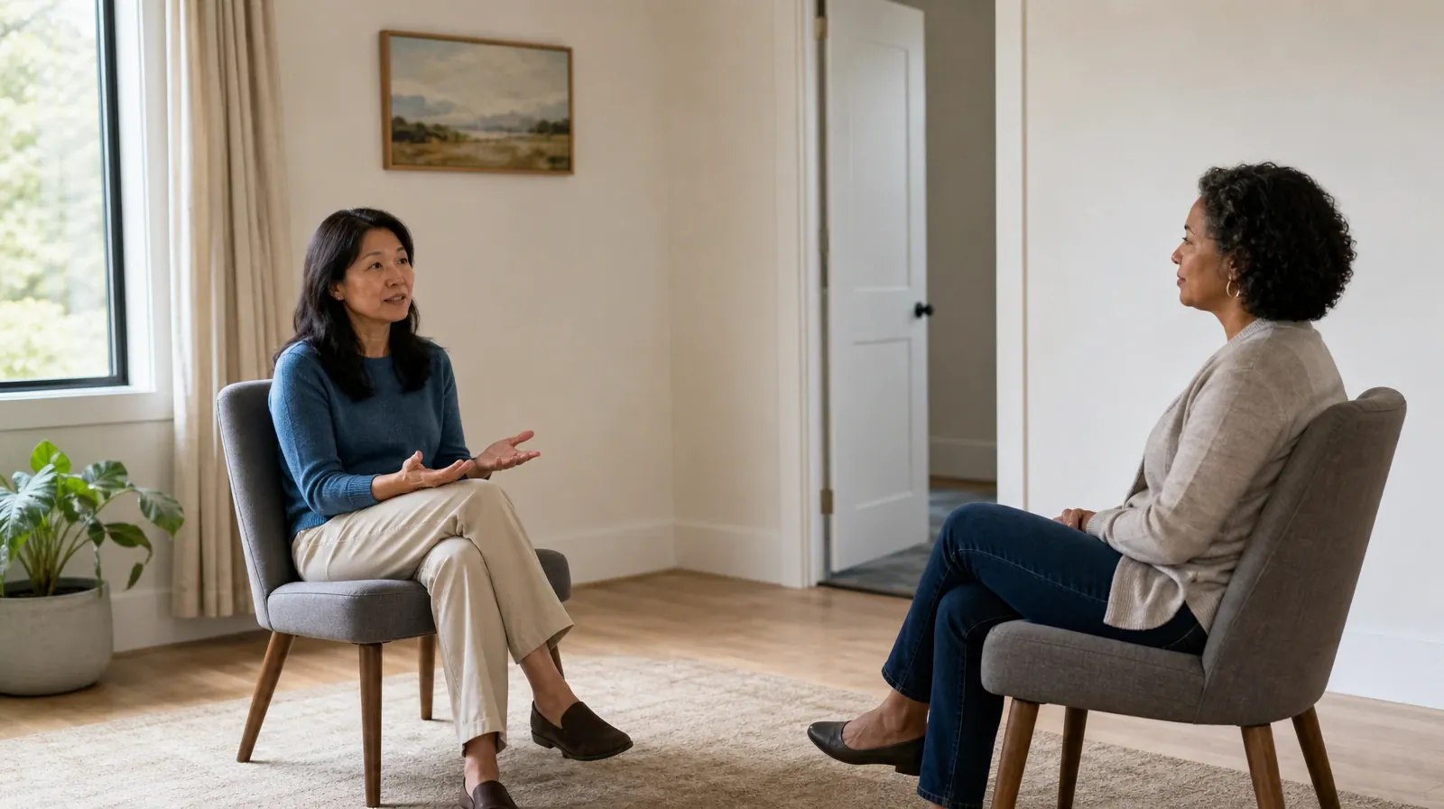 Two adults sit in separate diagonal chairs in a plain room,… · What to Tell a Clinician About Klonopin Use in South Florida