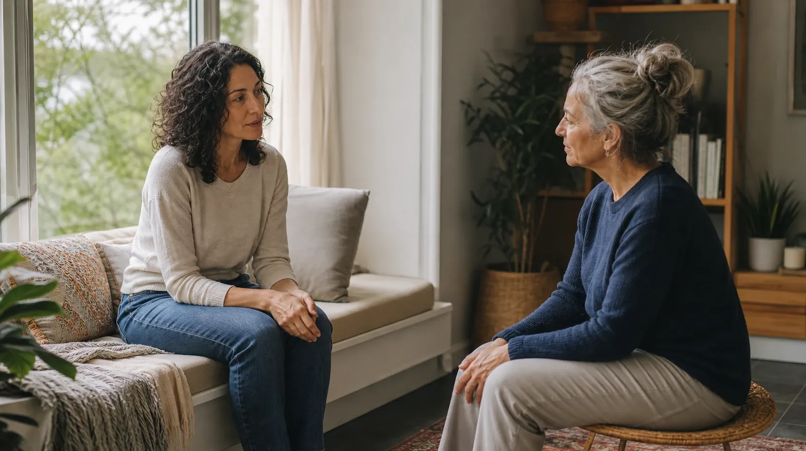 Unexpected Effects After Kratom Use in South Florida | Adult seated on a broad home window seat speaks with an older adult… Adult seated on a broad home window seat speaks with an older adult… · Unexpected Effects After Kratom Use in South Florida
