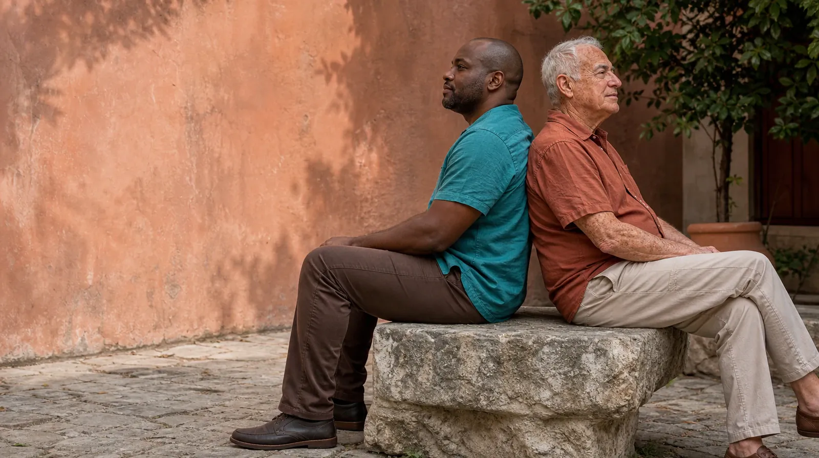 Two adults sit back to back on a broad stone seat with their shoulders lightly… · Kratom Addiction Treatment in Miramar, FL