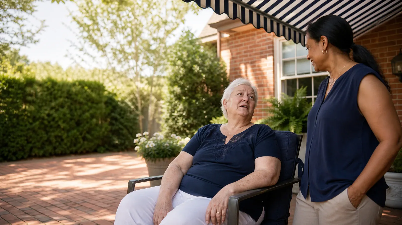 A seated adult looks up to ask a standing friend a question beneath a… · Building Support Around Recovery From Lunesta Use