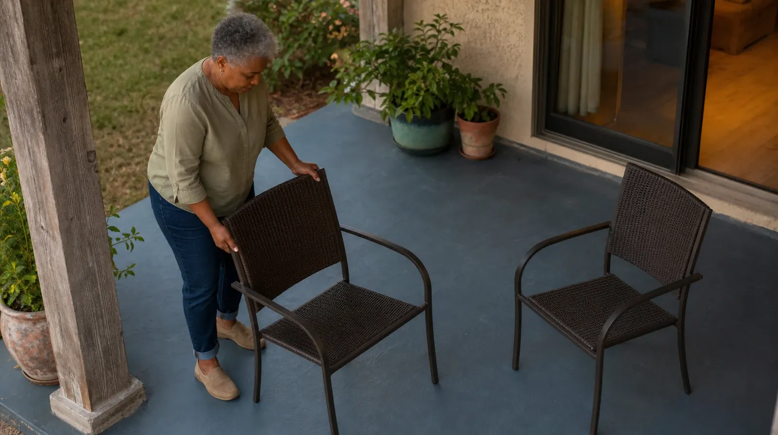 Helping an Adult Sibling With Lunesta Use in South Florida | An adult adjusts the spacing between two outdoor chairs on a… An adult adjusts the spacing between two outdoor chairs on a… · Helping an Adult Sibling With Lunesta Use in South Florida